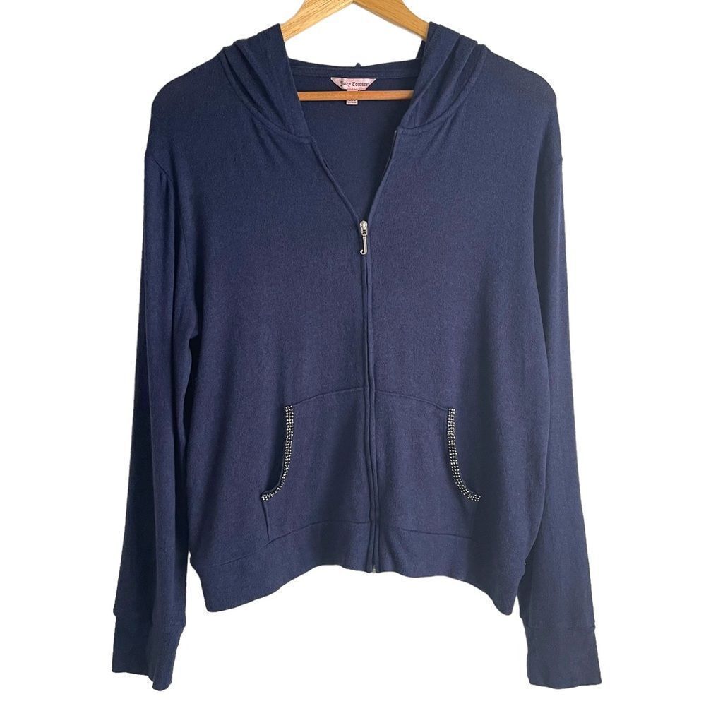Juicy Couture Navy Blue Lightweight Y2K Knit Full Zip Hoodie with Jewel Trim